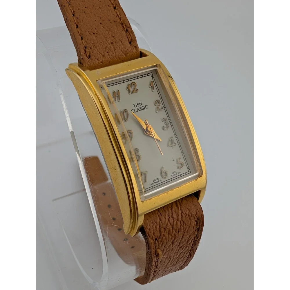 Vintage USN Classic Tank Watch Women 20mm Gold Case Leather Band- New Battery